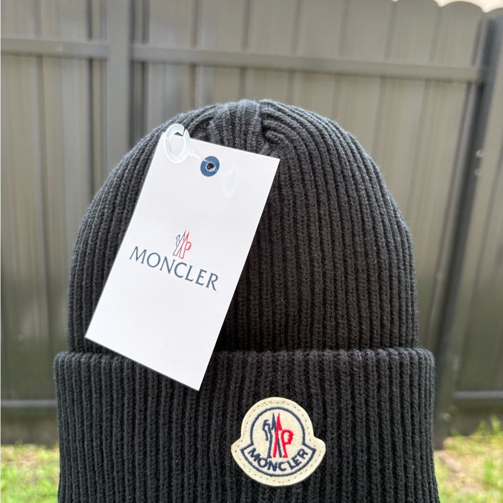 Moncler Black Knit Hat with Signature Logo